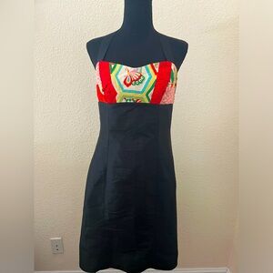 Yoshi Jones Sydney Y2K Bright Print and Black Halter Silk Midi Dress SMALL